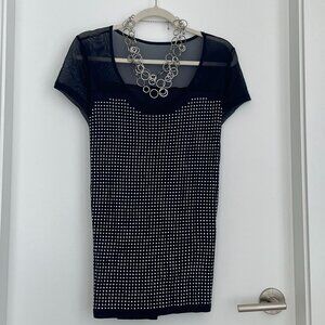 Studded Navy Dressy T-Shirt Round Neck Short Sleeve Lightweight Top XL